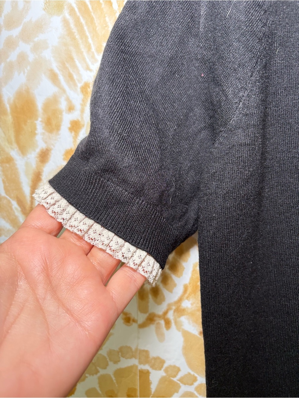 La Vila Milano Black Mock Neck Knit Sweater Top Lace Trim Short Sleeve Size M - Picture 7 of 11